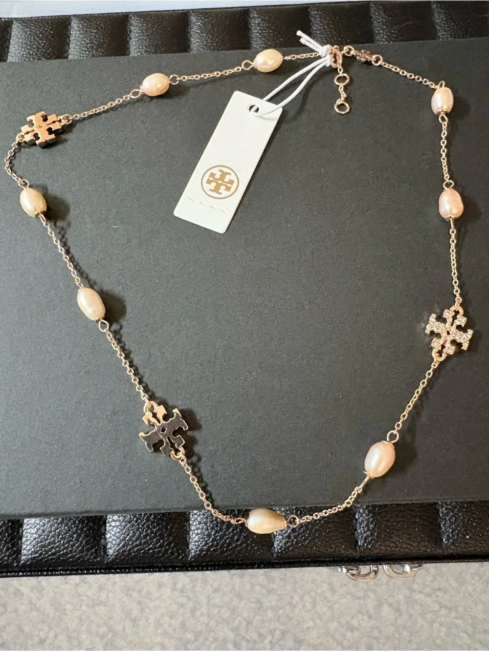Tory Burch Rose Gold Logo & Blush Pearl Station Necklace